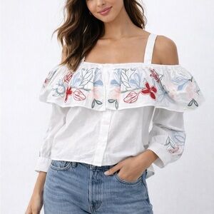 Parker White Off-Shoulder Embroidered Blouse with Red, Blue & Pink Accents